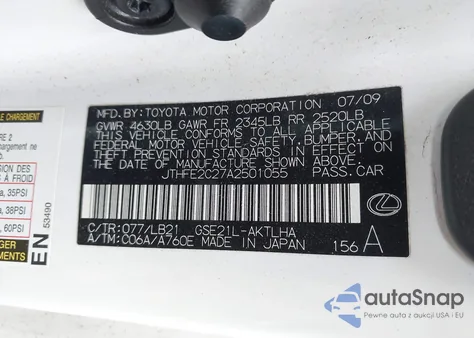 2010 Lexus Is 350C from USA, damaged, VIN JTHFE2C27A2501055